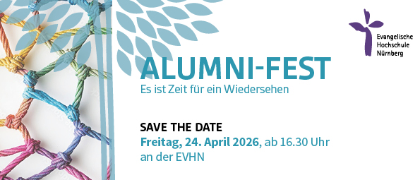 ein buntes Schnur-Netz mit Knoten, Alumni-Fest Save the Date am 24.4.2026 an der EVHN