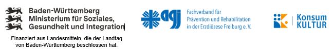 Logo des Ministeriums für Soziales, Gesundheit und Integration Baden-Württemberg, des agj Fachverband für Prävention und Rehabilitation in der Erzdiözese Freiburg e. V. und das Projektlogo von Konsum KULTUR
