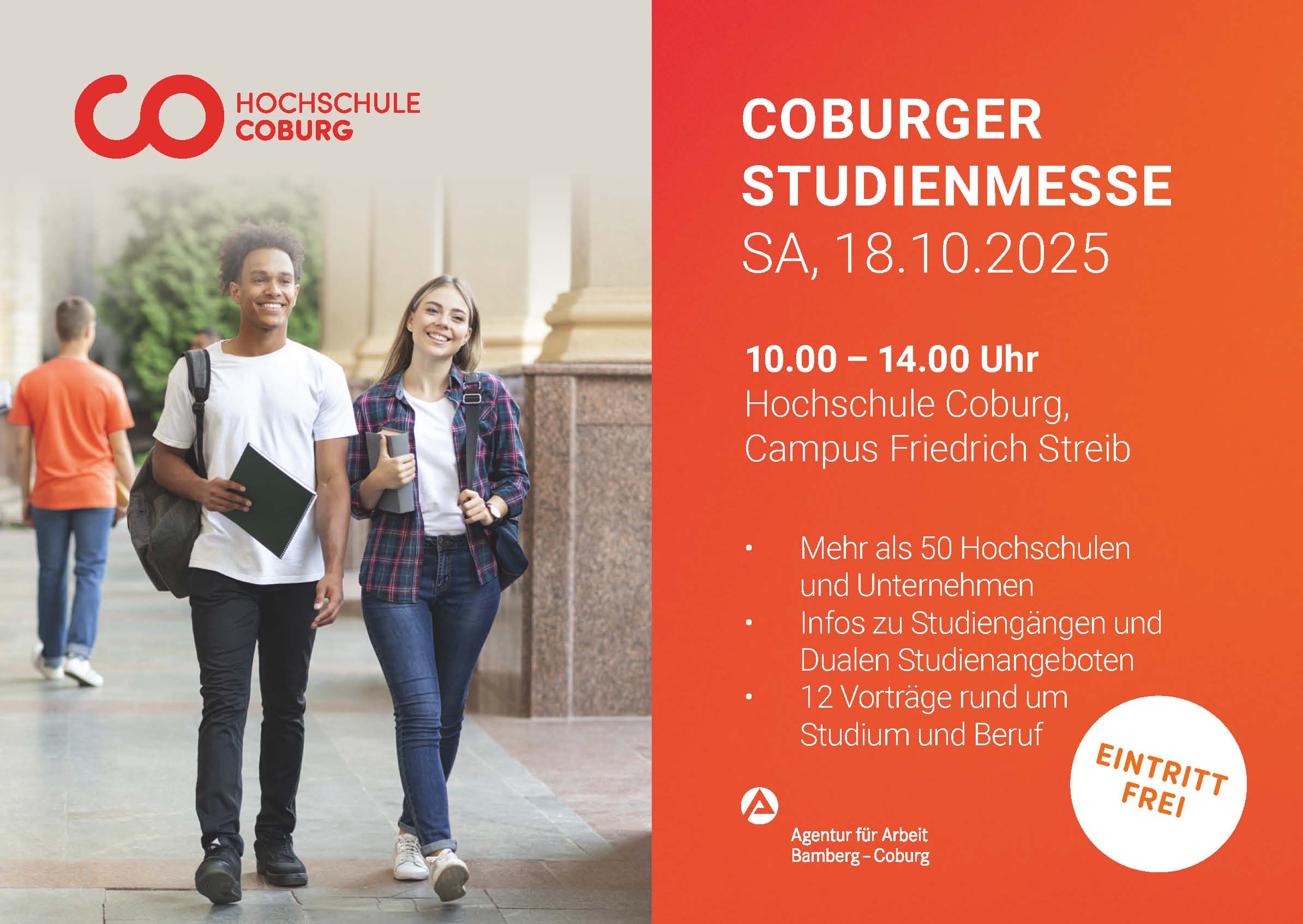 2 junge Menschen, Studierende, mit Buch in der Hand, Text zur Coburger Studienmesse, 18.10.2025