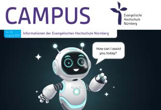 Bild vom Titel der CAMPUS-Ausgabe, Grafik Astronaut mit Sprechblase "How can I assist you today" als Titelbild zum Artikel über KI